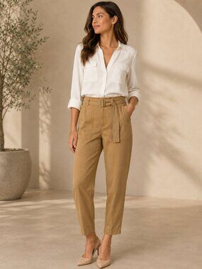 Banana Republic Refined Utility Pant Camel Belted High Rise Tapered Pants Sz 4L